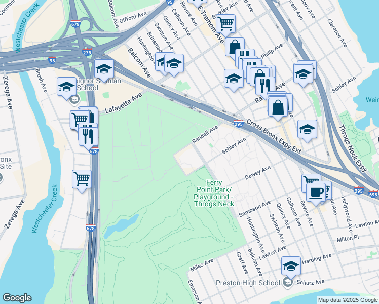 map of restaurants, bars, coffee shops, grocery stores, and more near 2700 Randall Avenue in The Bronx