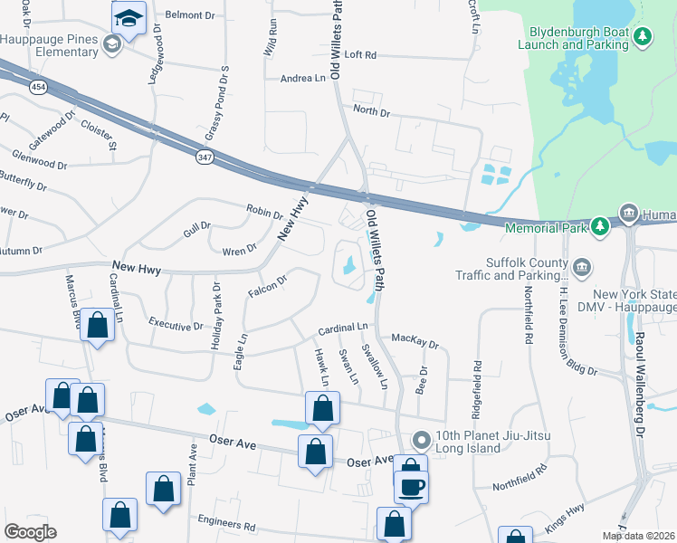 map of restaurants, bars, coffee shops, grocery stores, and more near 70 Kristin Lane in Hauppauge