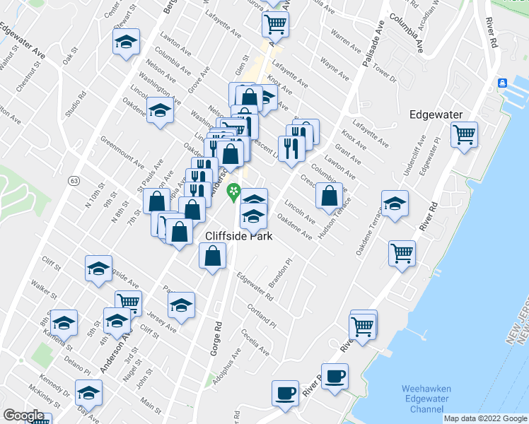 map of restaurants, bars, coffee shops, grocery stores, and more near 575 Palisade Avenue in Cliffside Park