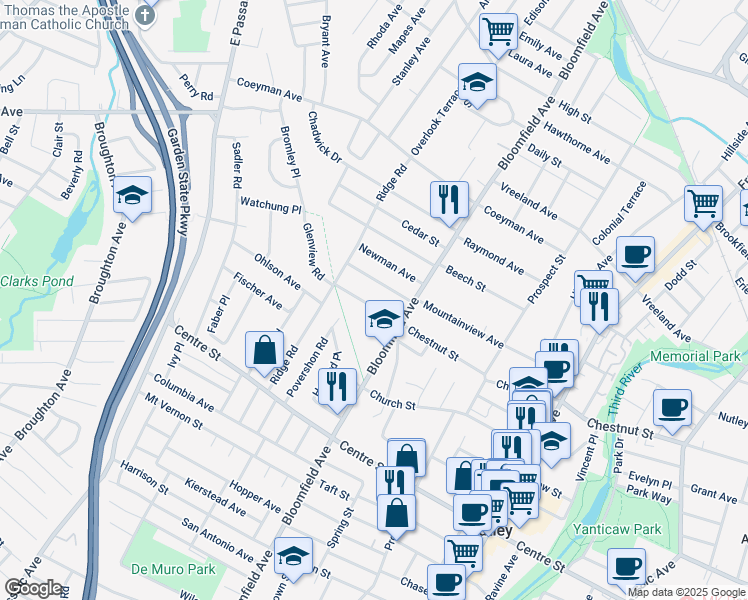 map of restaurants, bars, coffee shops, grocery stores, and more near 462 Chestnut Street in Nutley