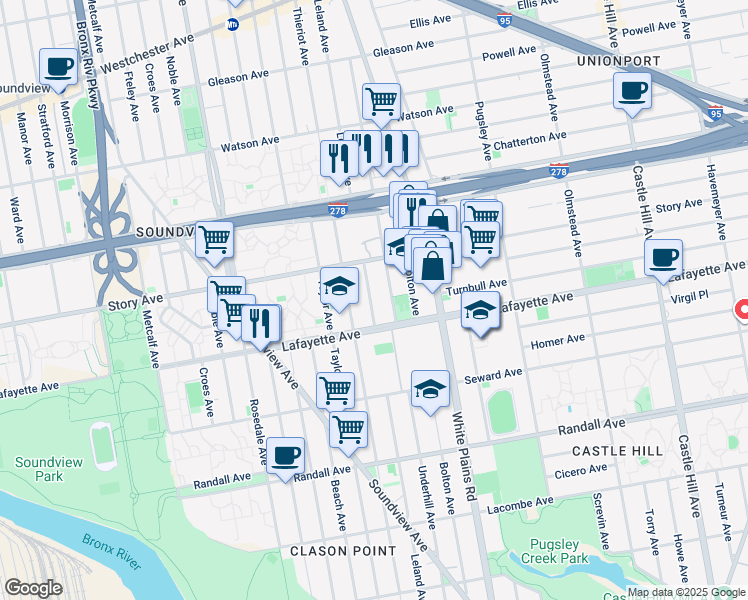 map of restaurants, bars, coffee shops, grocery stores, and more near 836 Leland Avenue in The Bronx