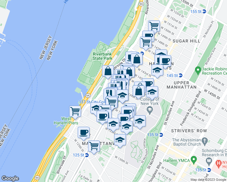 map of restaurants, bars, coffee shops, grocery stores, and more near 609 West 138th Street in New York