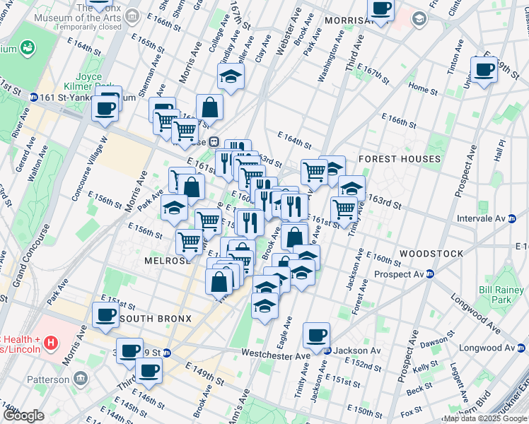 map of restaurants, bars, coffee shops, grocery stores, and more near 451 East 159th Street in The Bronx