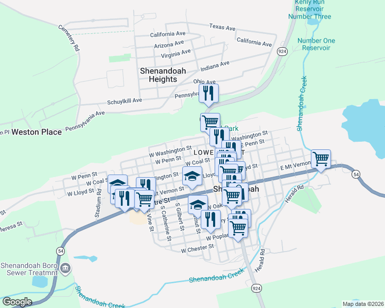 map of restaurants, bars, coffee shops, grocery stores, and more near 223 North Highland Street in Shenandoah