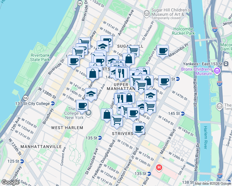 map of restaurants, bars, coffee shops, grocery stores, and more near 662 St Nicholas Ave in New York