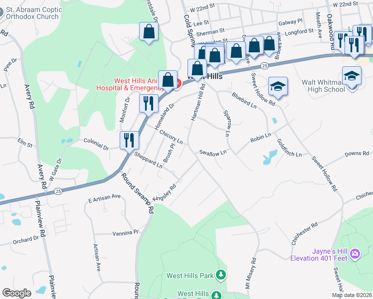 map of restaurants, bars, coffee shops, grocery stores, and more near 47 Hartman Hill Road in Huntington