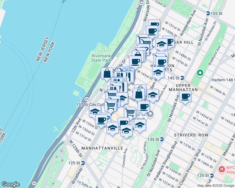 map of restaurants, bars, coffee shops, grocery stores, and more near 3415 Broadway in New York