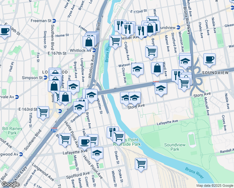 map of restaurants, bars, coffee shops, grocery stores, and more near 980 Bronx River Avenue in Bronx