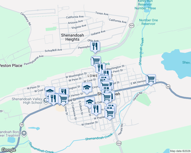 map of restaurants, bars, coffee shops, grocery stores, and more near 211 North Jardin Street in Shenandoah