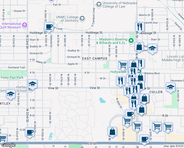 map of restaurants, bars, coffee shops, grocery stores, and more near 4115 X Street in Lincoln
