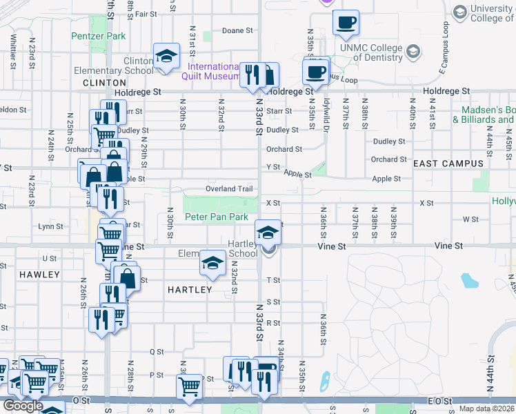 map of restaurants, bars, coffee shops, grocery stores, and more near 3298 X Street in Lincoln