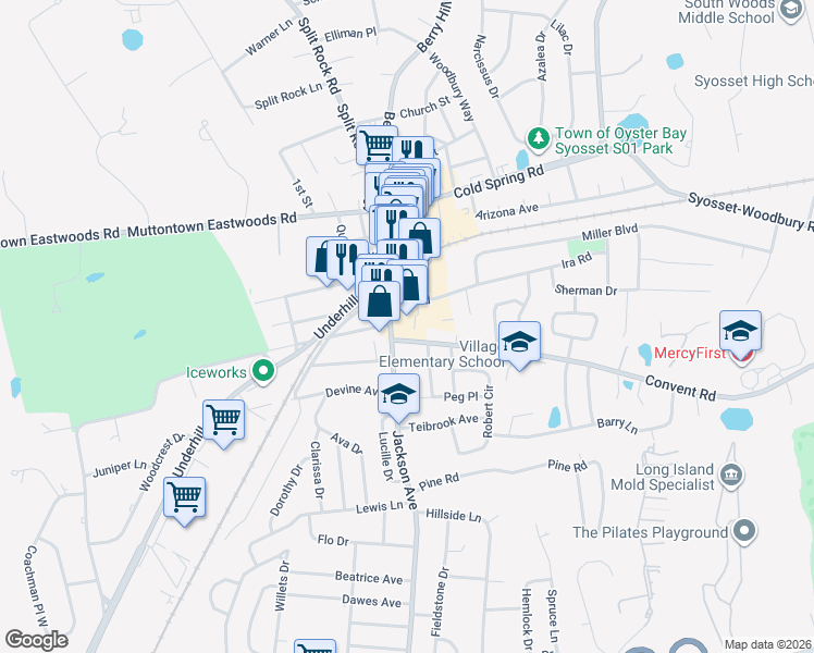 map of restaurants, bars, coffee shops, grocery stores, and more near 131 Jackson Avenue in Syosset