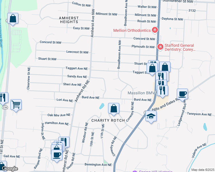map of restaurants, bars, coffee shops, grocery stores, and more near 2050 Ridgecrest Drive Northwest in Massillon