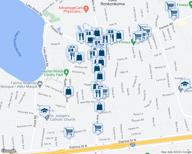 map of restaurants, bars, coffee shops, grocery stores, and more near 3 Carlson Road in Ronkonkoma