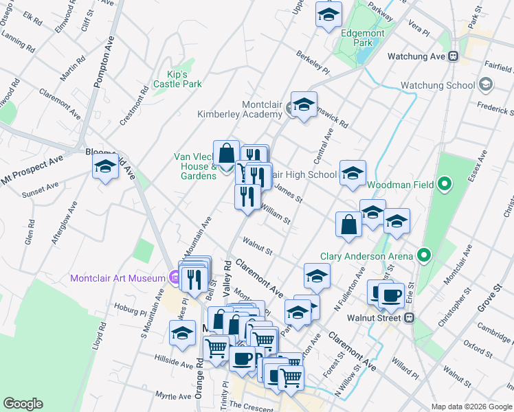 map of restaurants, bars, coffee shops, grocery stores, and more near 132 Valley Road in Montclair