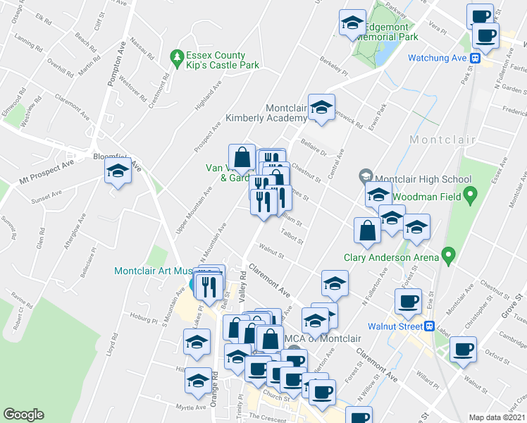 map of restaurants, bars, coffee shops, grocery stores, and more near 136 Valley Road in Montclair