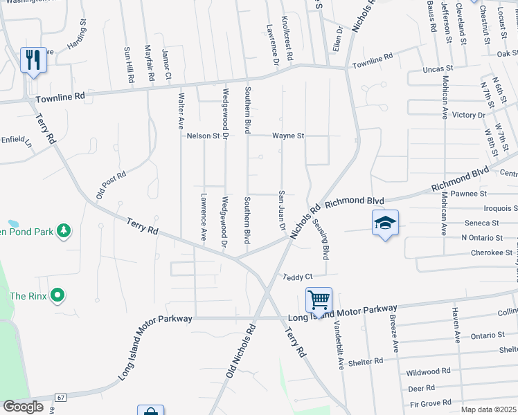 map of restaurants, bars, coffee shops, grocery stores, and more near 100 San Juan Drive in Hauppauge