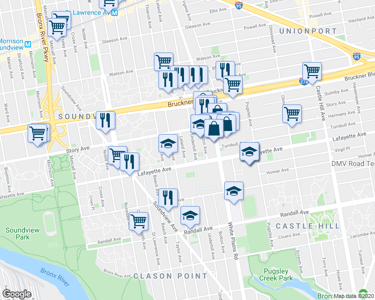 map of restaurants, bars, coffee shops, grocery stores, and more near 836 Leland Avenue in The Bronx