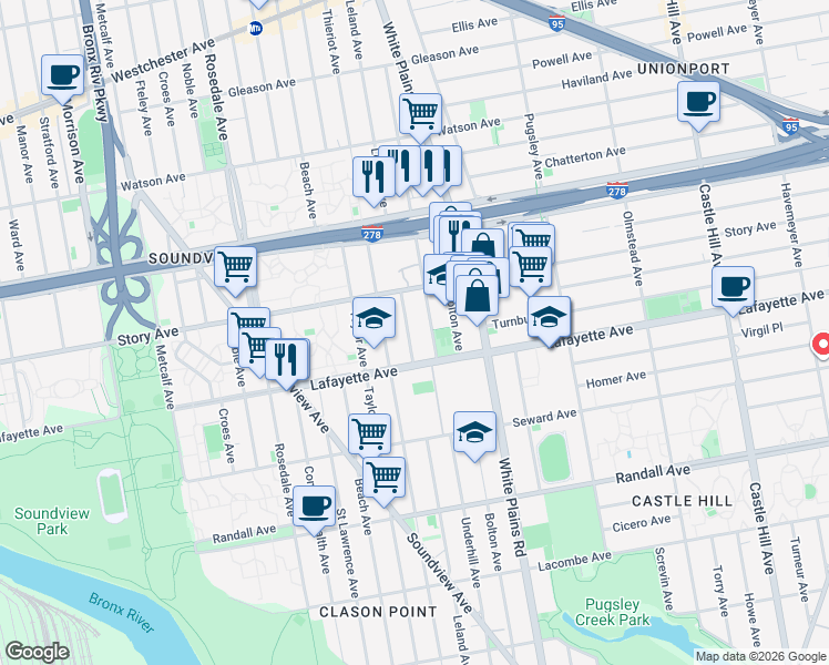 map of restaurants, bars, coffee shops, grocery stores, and more near 834 Leland Avenue in Bronx