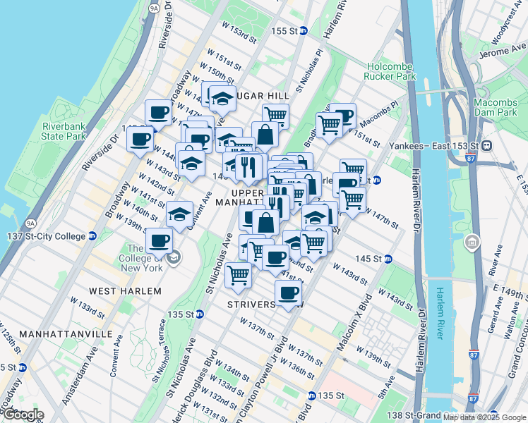 map of restaurants, bars, coffee shops, grocery stores, and more near 27 Bradhurst Avenue in New York