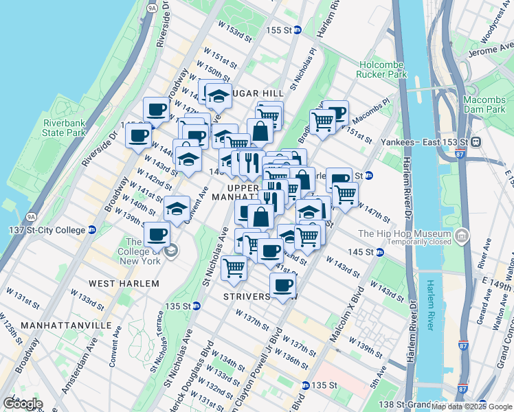 map of restaurants, bars, coffee shops, grocery stores, and more near 27 Bradhurst Avenue in New York