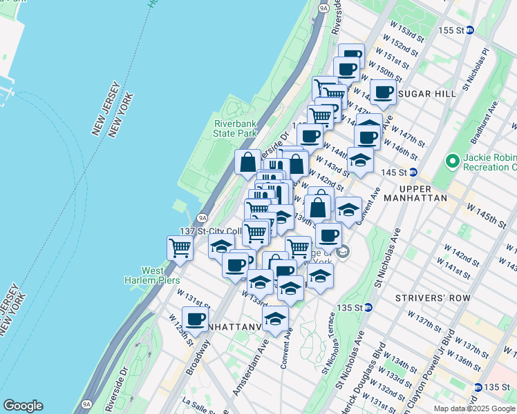 map of restaurants, bars, coffee shops, grocery stores, and more near 611 West 138th Street in New York