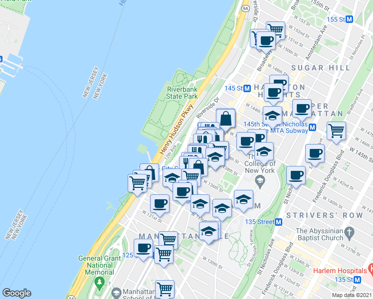 map of restaurants, bars, coffee shops, grocery stores, and more near in New York