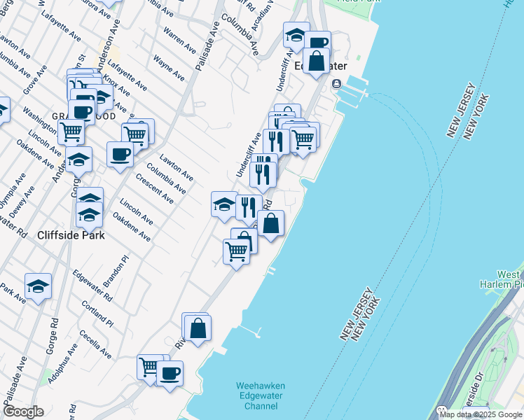 map of restaurants, bars, coffee shops, grocery stores, and more near 433 Portside Drive in Edgewater