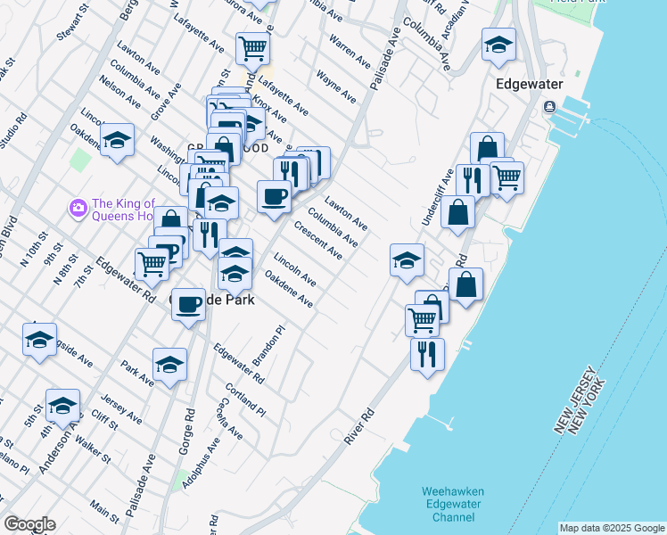 map of restaurants, bars, coffee shops, grocery stores, and more near 634 Hudson Terrace in Cliffside Park