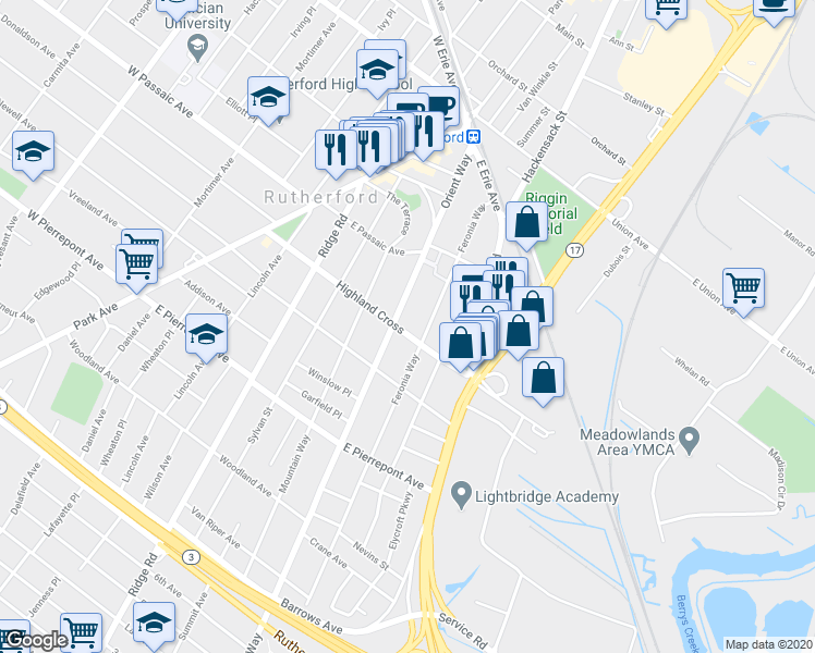 map of restaurants, bars, coffee shops, grocery stores, and more near 143 Highland Cross in Rutherford