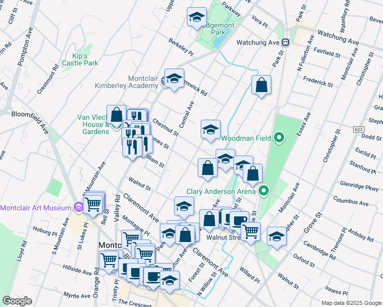 map of restaurants, bars, coffee shops, grocery stores, and more near 28 James Street in Montclair