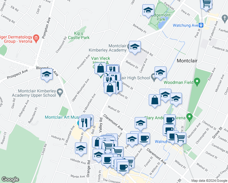 map of restaurants, bars, coffee shops, grocery stores, and more near 132 Valley Road in Montclair
