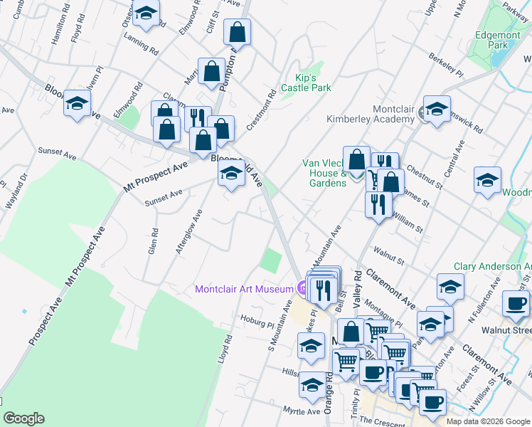 map of restaurants, bars, coffee shops, grocery stores, and more near 823 Bloomfield Avenue in Montclair