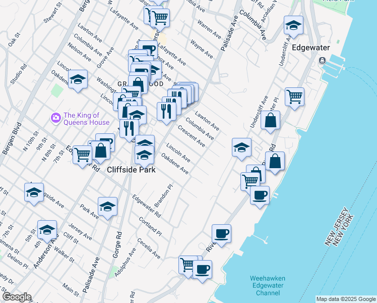 map of restaurants, bars, coffee shops, grocery stores, and more near 56 Washington Ave in Cliffside Park