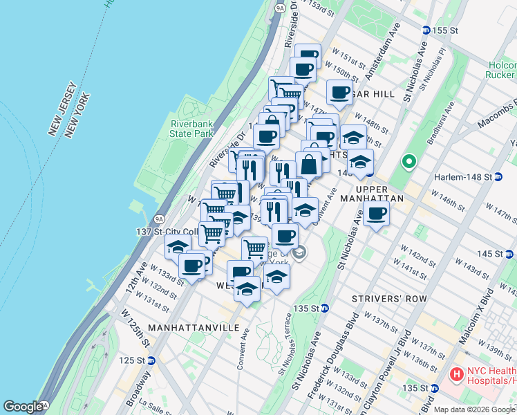 map of restaurants, bars, coffee shops, grocery stores, and more near 61 Hamilton Place in New York