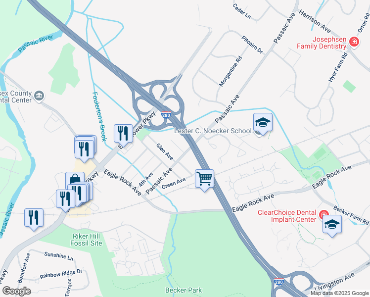 map of restaurants, bars, coffee shops, grocery stores, and more near 51 Passaic Avenue in Roseland
