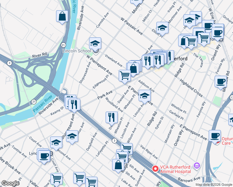 map of restaurants, bars, coffee shops, grocery stores, and more near 1 Delafield Avenue in Rutherford