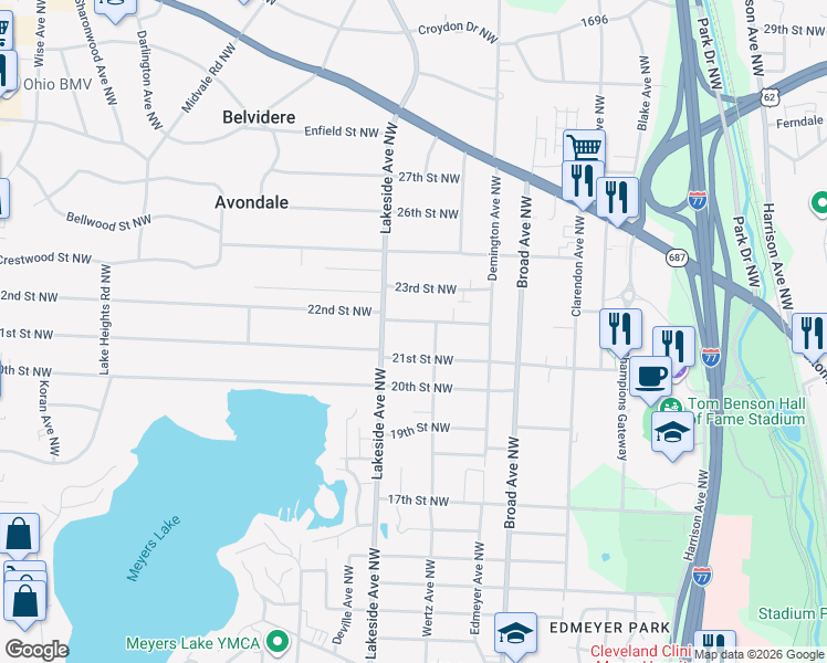 map of restaurants, bars, coffee shops, grocery stores, and more near 3044 22nd Street Northwest in Canton