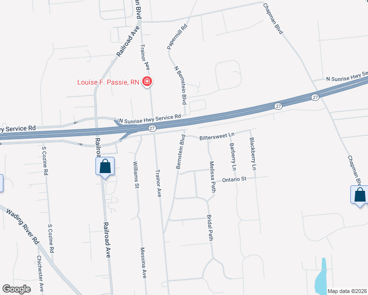 map of restaurants, bars, coffee shops, grocery stores, and more near 215 Bernstein Boulevard in Center Moriches