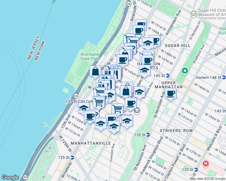 map of restaurants, bars, coffee shops, grocery stores, and more near 573 West 139th Street in New York