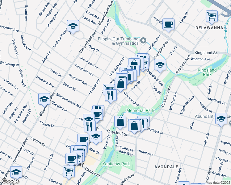 map of restaurants, bars, coffee shops, grocery stores, and more near 455 Franklin Ave in Nutley