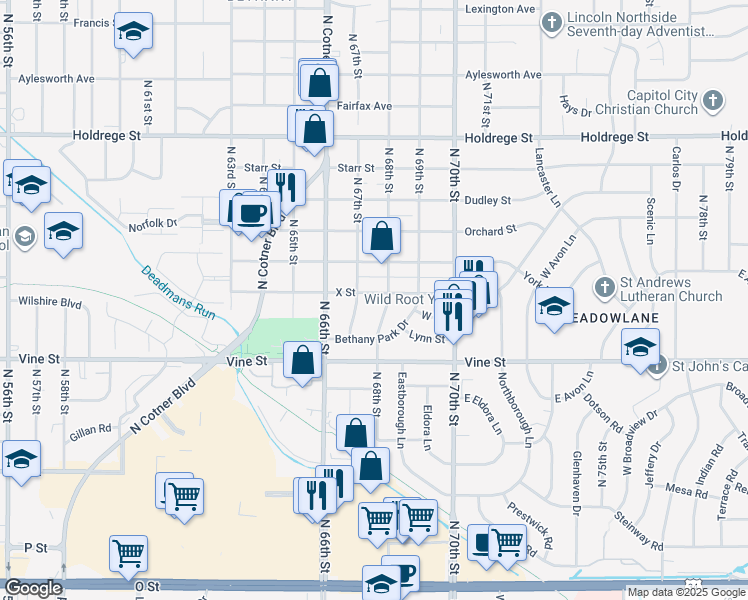 map of restaurants, bars, coffee shops, grocery stores, and more near 6721 X Street in Lincoln