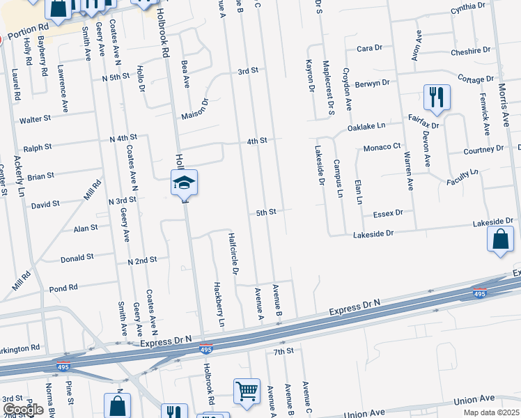 map of restaurants, bars, coffee shops, grocery stores, and more near 128 Avenue B in Holbrook