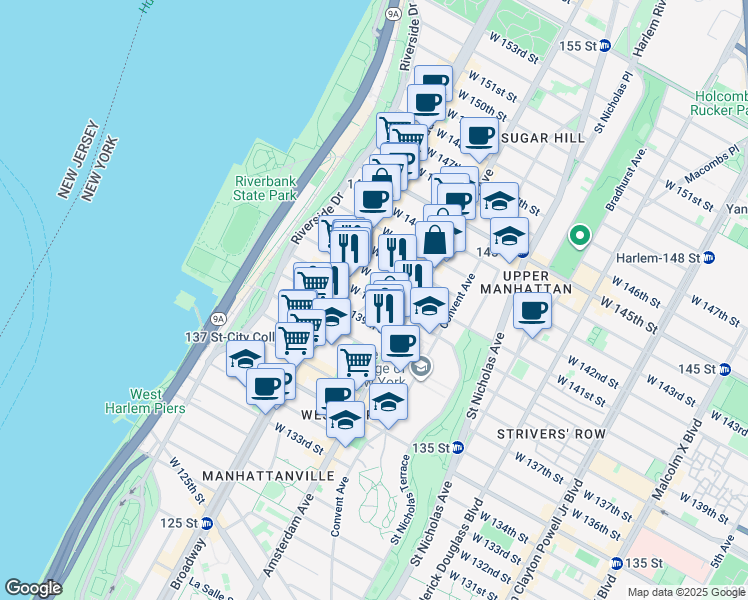 map of restaurants, bars, coffee shops, grocery stores, and more near Hamilton Place in New York
