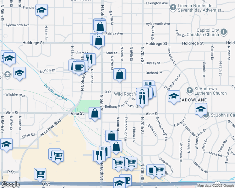 map of restaurants, bars, coffee shops, grocery stores, and more near 6721 X Street in Lincoln