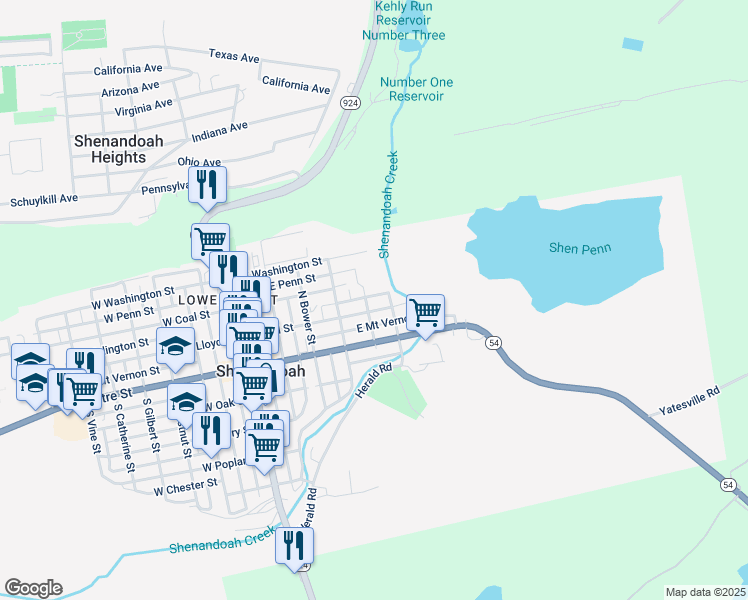 map of restaurants, bars, coffee shops, grocery stores, and more near 412 East Arlington Street in Shenandoah