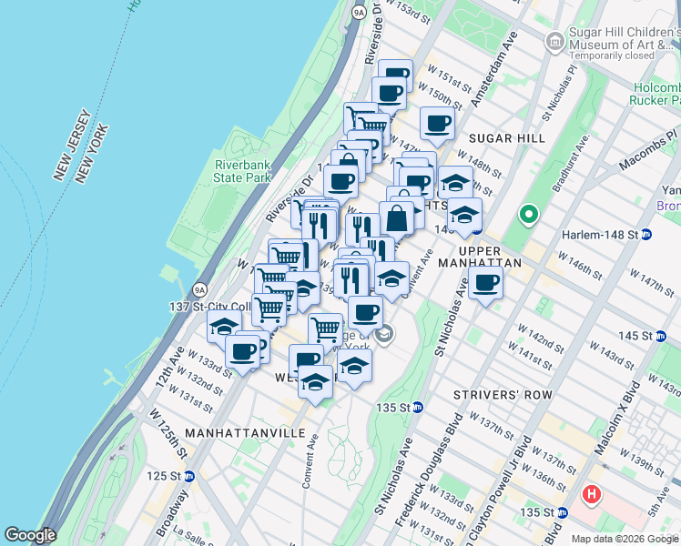 map of restaurants, bars, coffee shops, grocery stores, and more near 538 West 140th Street in New York