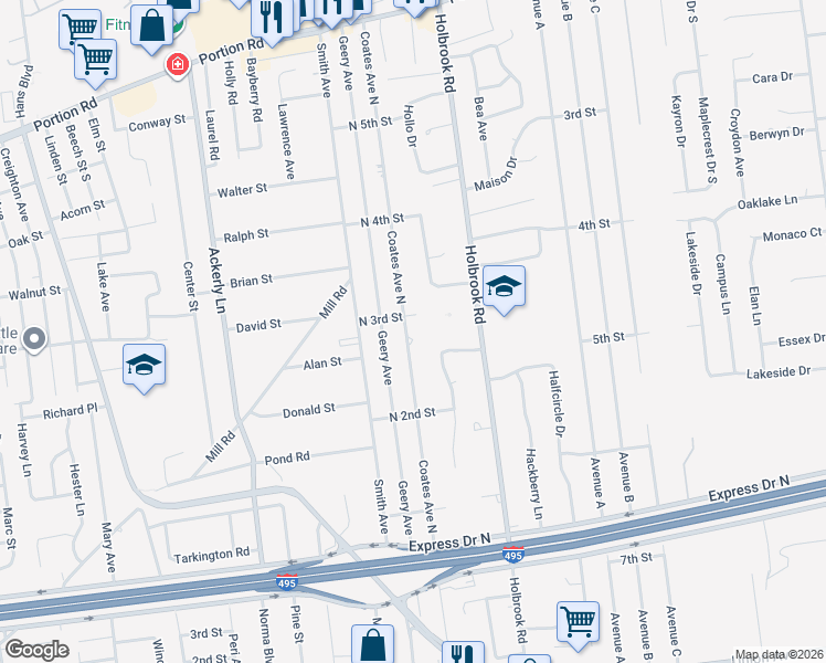 map of restaurants, bars, coffee shops, grocery stores, and more near 111 Coates Avenue North in Holbrook