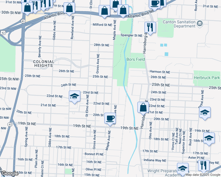 map of restaurants, bars, coffee shops, grocery stores, and more near 2319 Maple Avenue Northeast in Canton