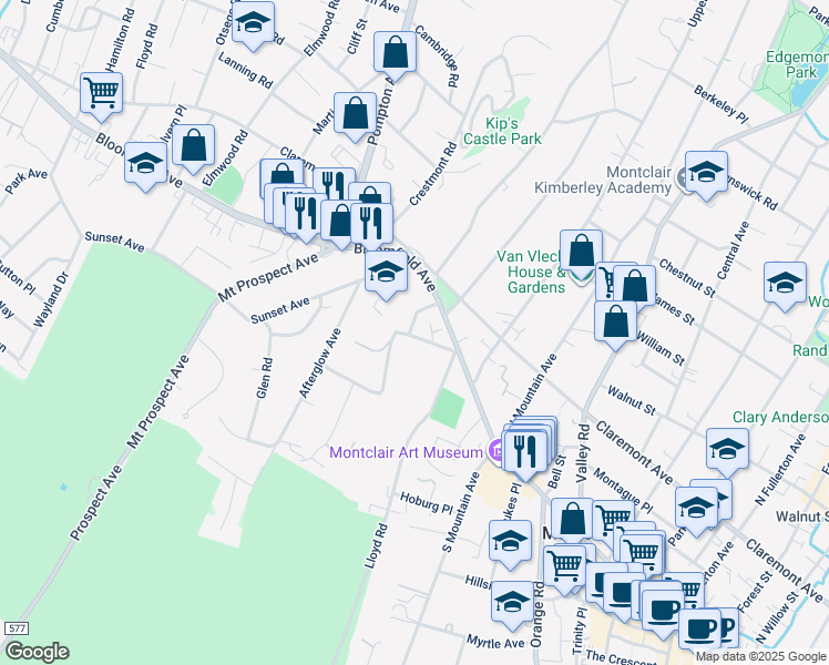 map of restaurants, bars, coffee shops, grocery stores, and more near 16 Rockledge Road in Montclair